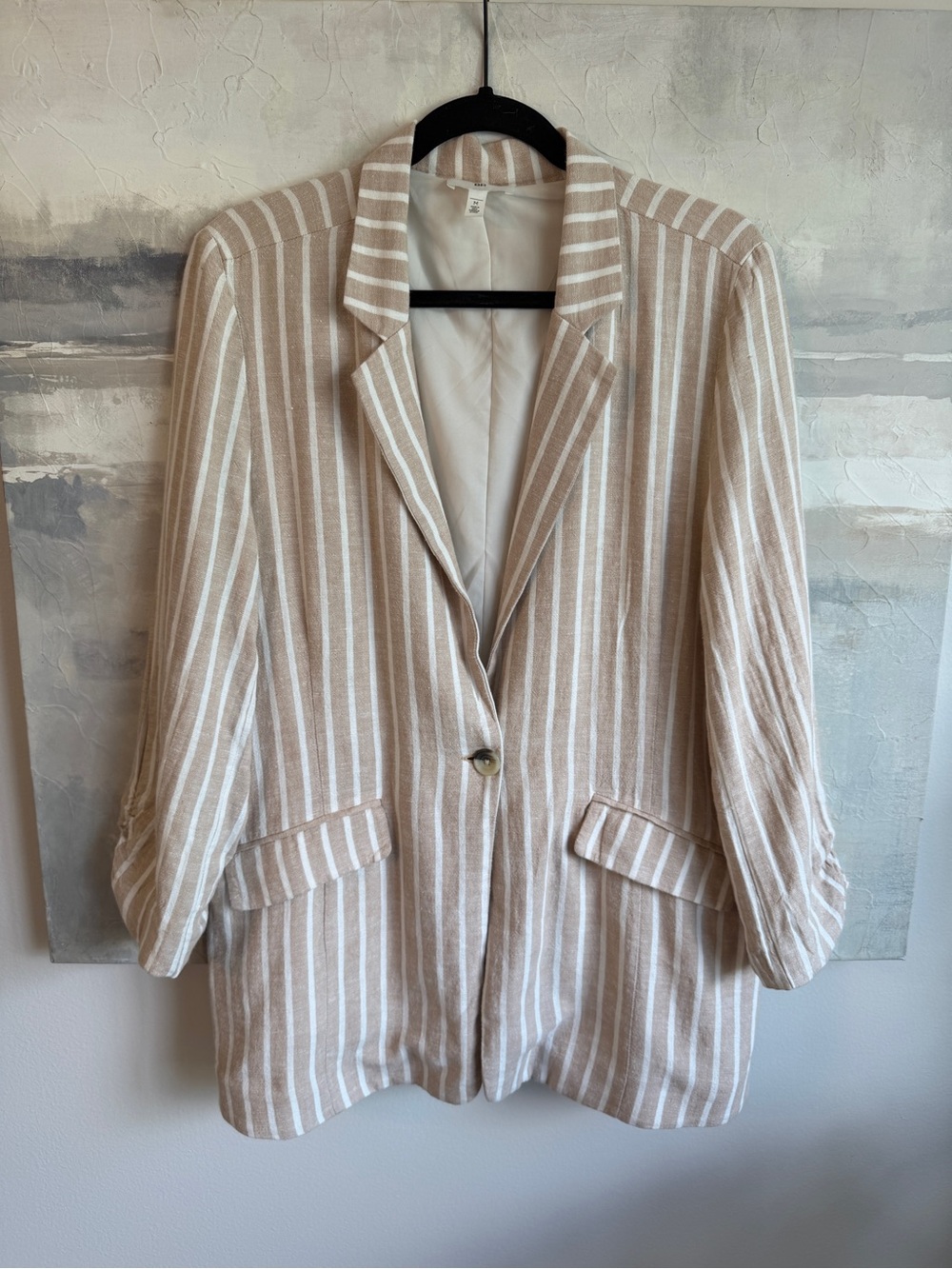 BP. Tan White Striped Linen Blend Blazer Ruched Sleeve Jacket Women’s M NWT